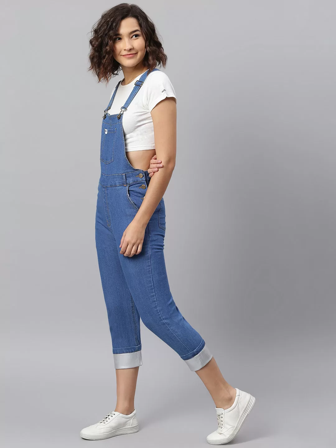 NaughtyDungaree® Women Denim Dungaree with Platinum Faux Leather Bottom Hem-Fold