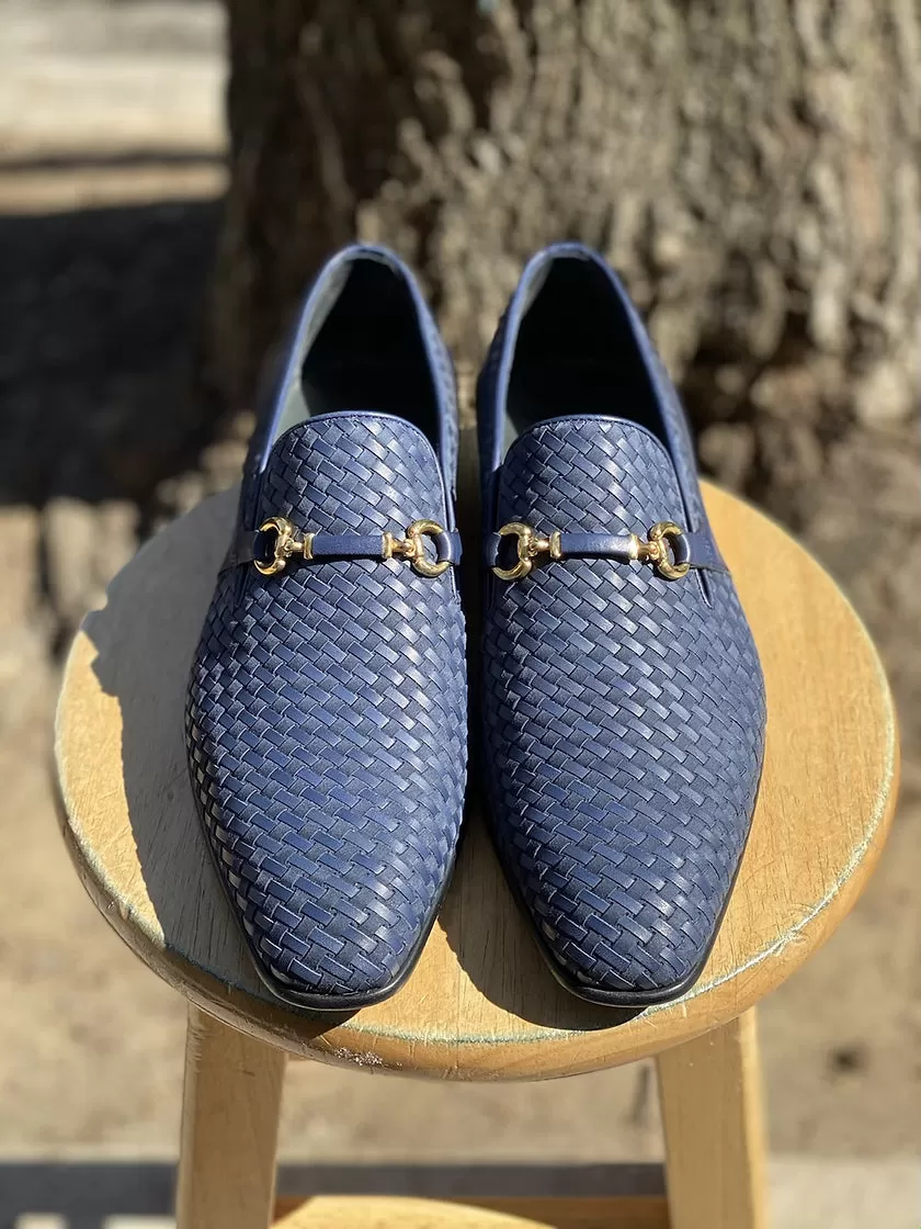 Navy Blue Woven Leather and Suede Bit loafer for men By Corrente