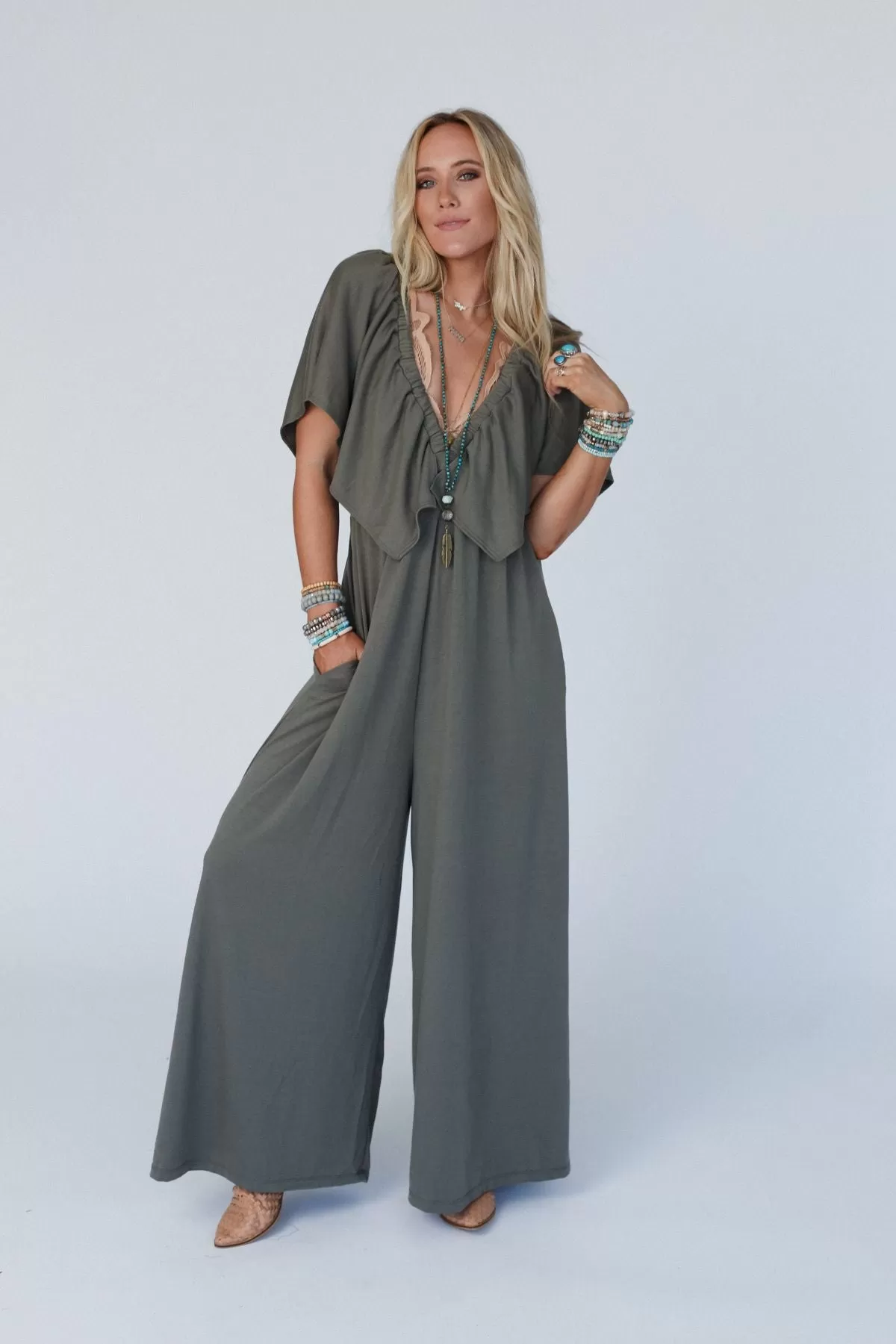 On Repeat Open Back Ruffle Jumpsuit - Light Olive