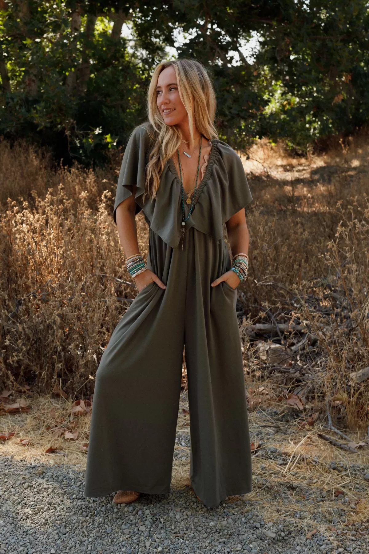 On Repeat Open Back Ruffle Jumpsuit - Light Olive