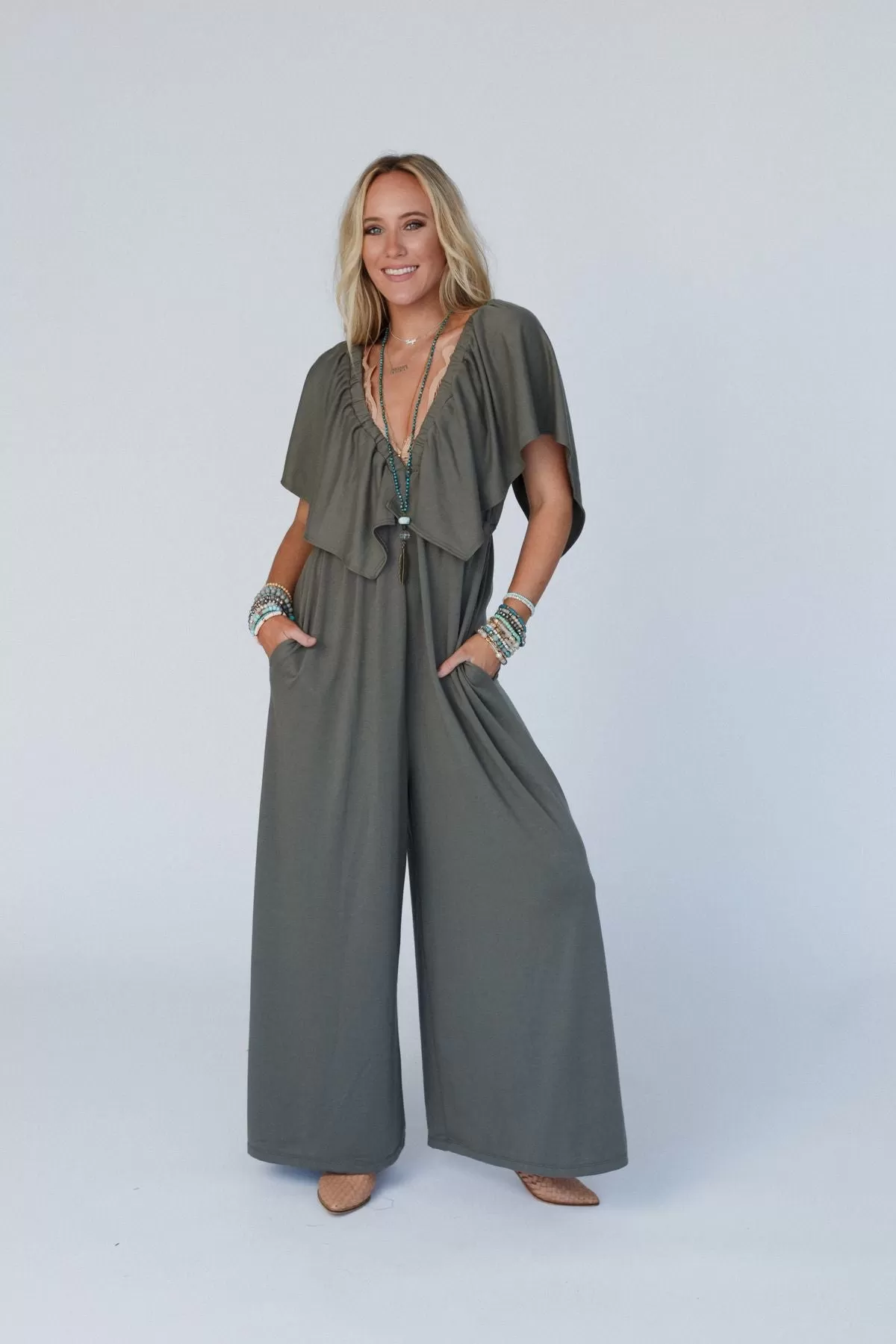 On Repeat Open Back Ruffle Jumpsuit - Light Olive