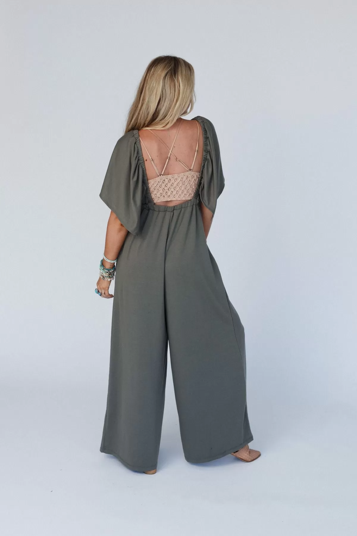 On Repeat Open Back Ruffle Jumpsuit - Light Olive