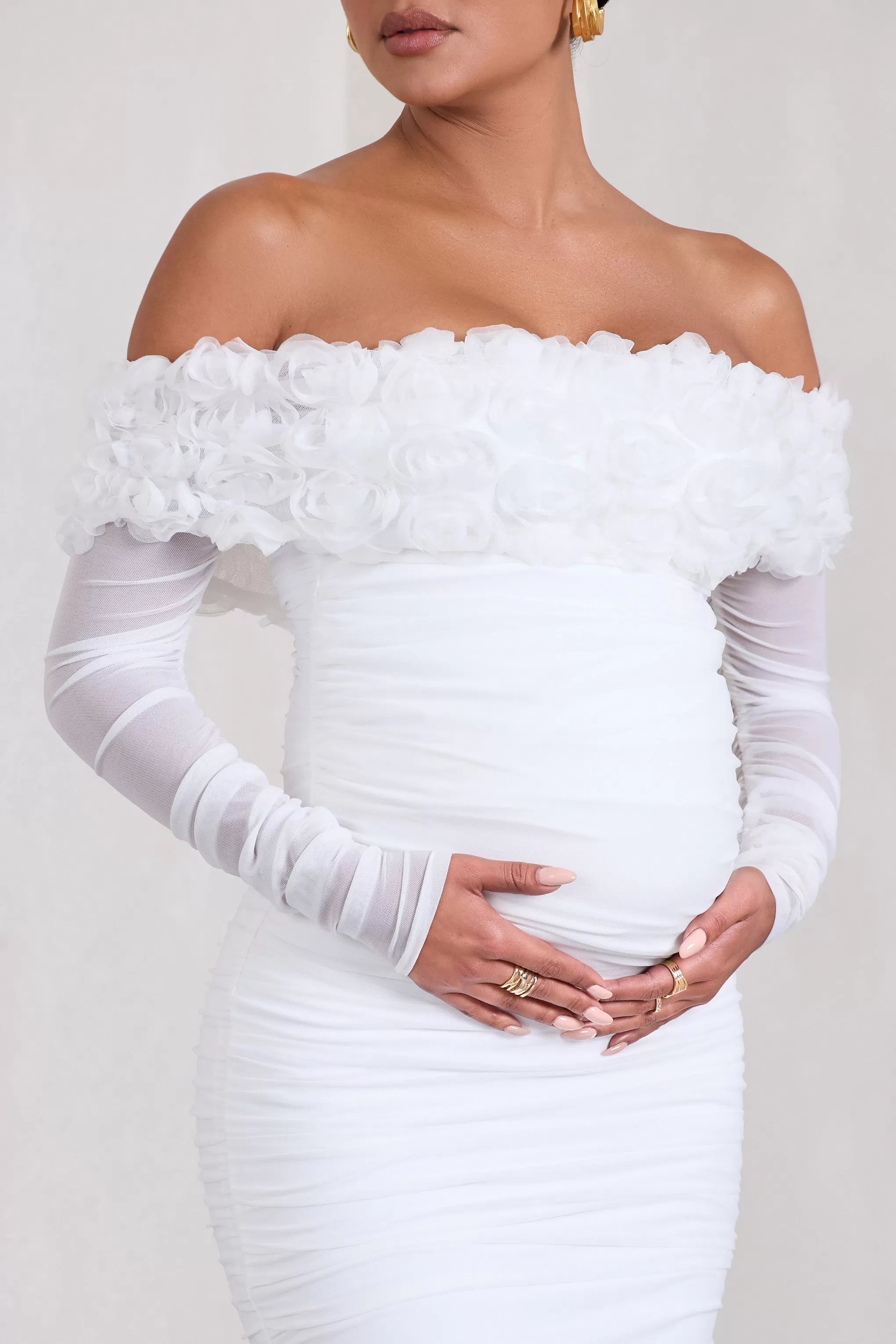 Orchid | White Ruched Mesh Floral Bardot Maternity Midi Dress