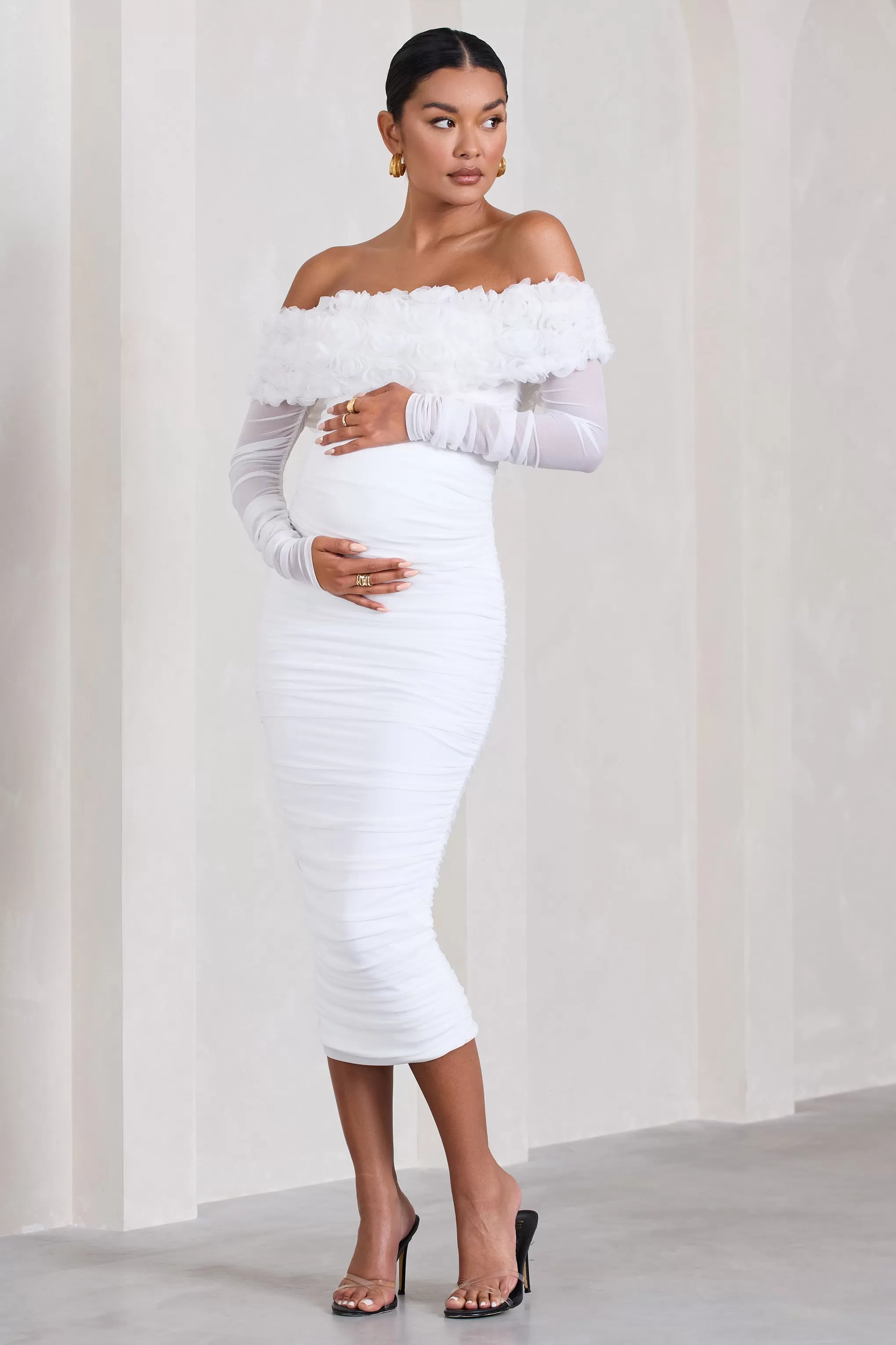 Orchid | White Ruched Mesh Floral Bardot Maternity Midi Dress