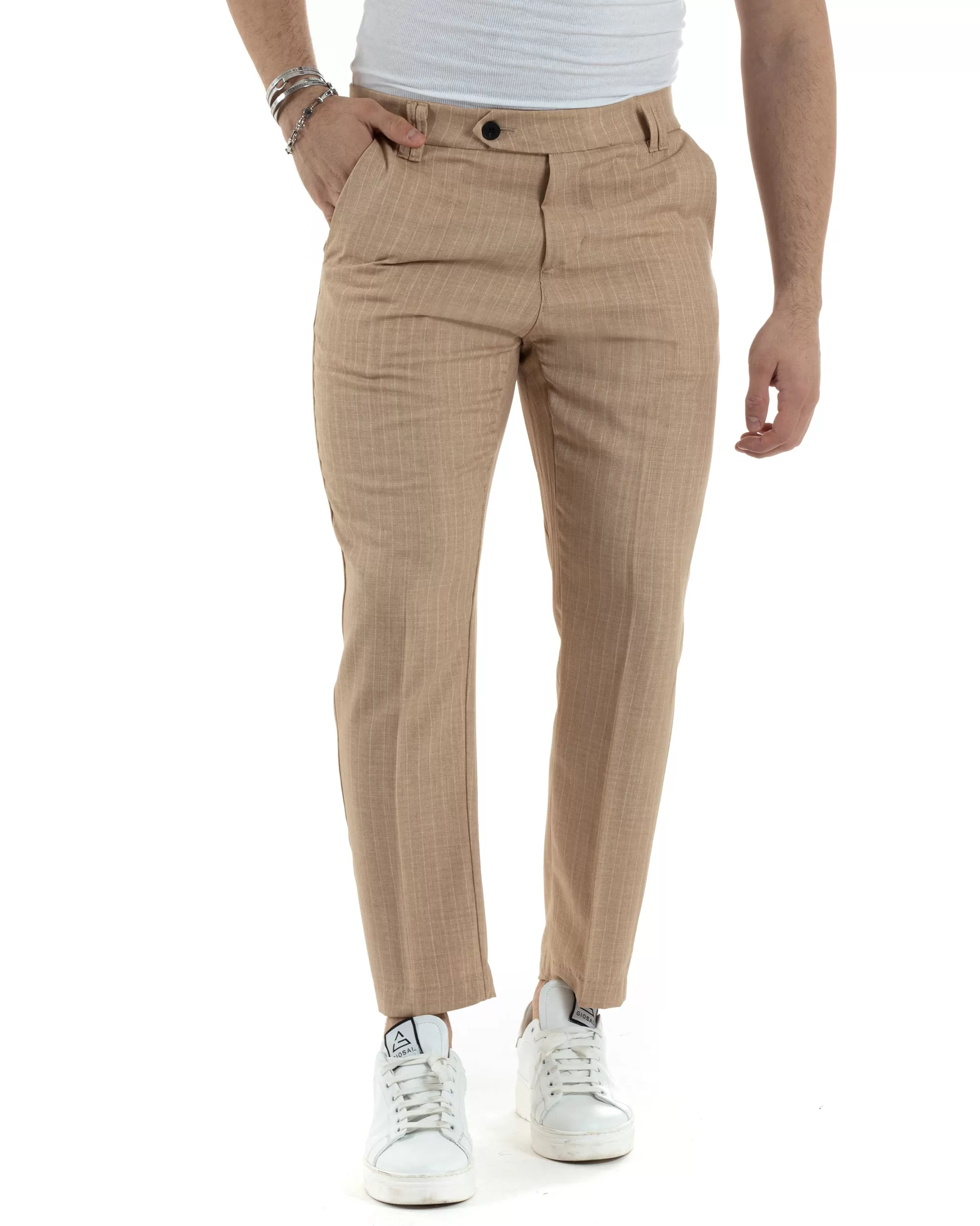 Pantaloni Uomo Gessati Viscosa Tasca America Rigato Classico Abbottonatura Allungata Casual Camel GIOSAL-P6035A