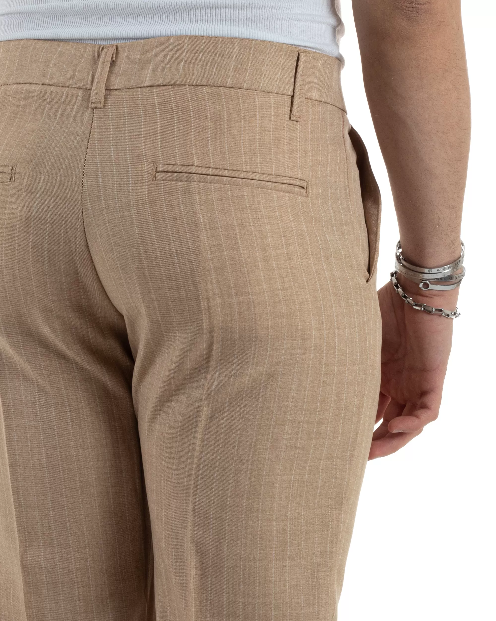 Pantaloni Uomo Gessati Viscosa Tasca America Rigato Classico Abbottonatura Allungata Casual Camel GIOSAL-P6035A