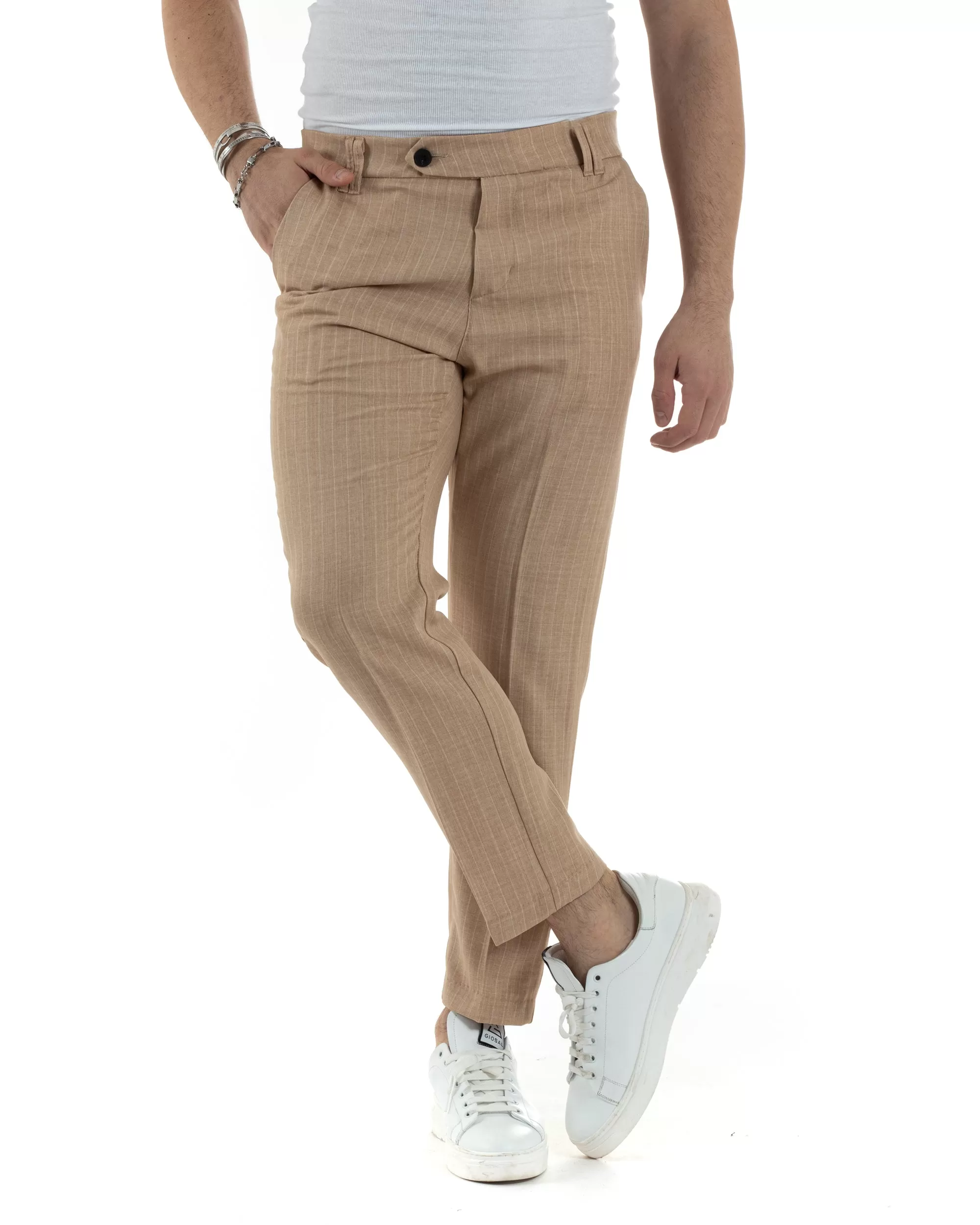 Pantaloni Uomo Gessati Viscosa Tasca America Rigato Classico Abbottonatura Allungata Casual Camel GIOSAL-P6035A