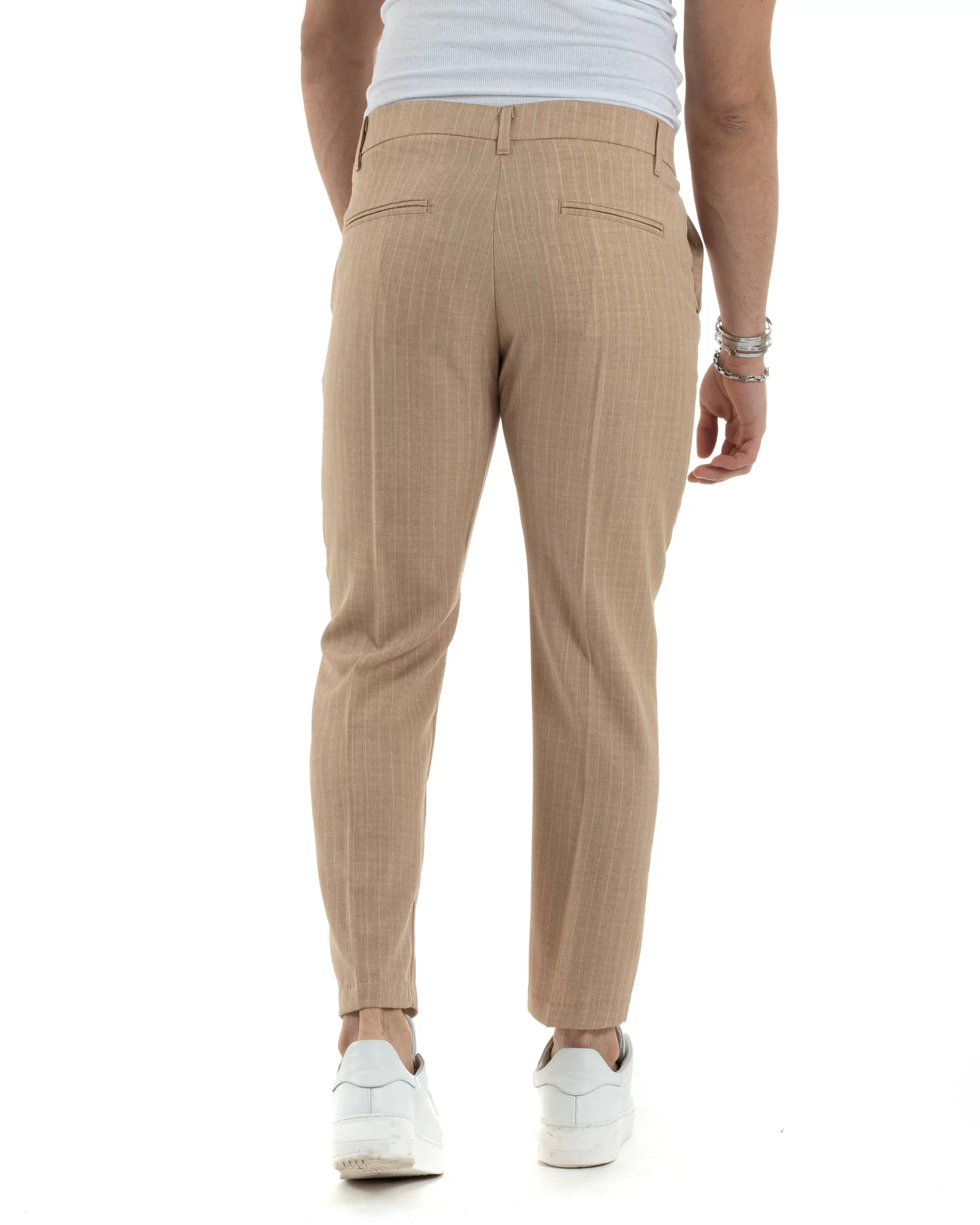 Pantaloni Uomo Gessati Viscosa Tasca America Rigato Classico Abbottonatura Allungata Casual Camel GIOSAL-P6035A