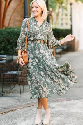 Pinch: Class Act Dark Olive Green Floral Mid Dress