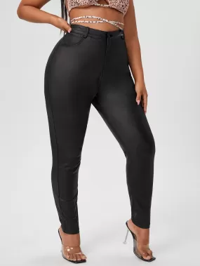 Plus Curvy High Waist Leather Look Skinny Jeans