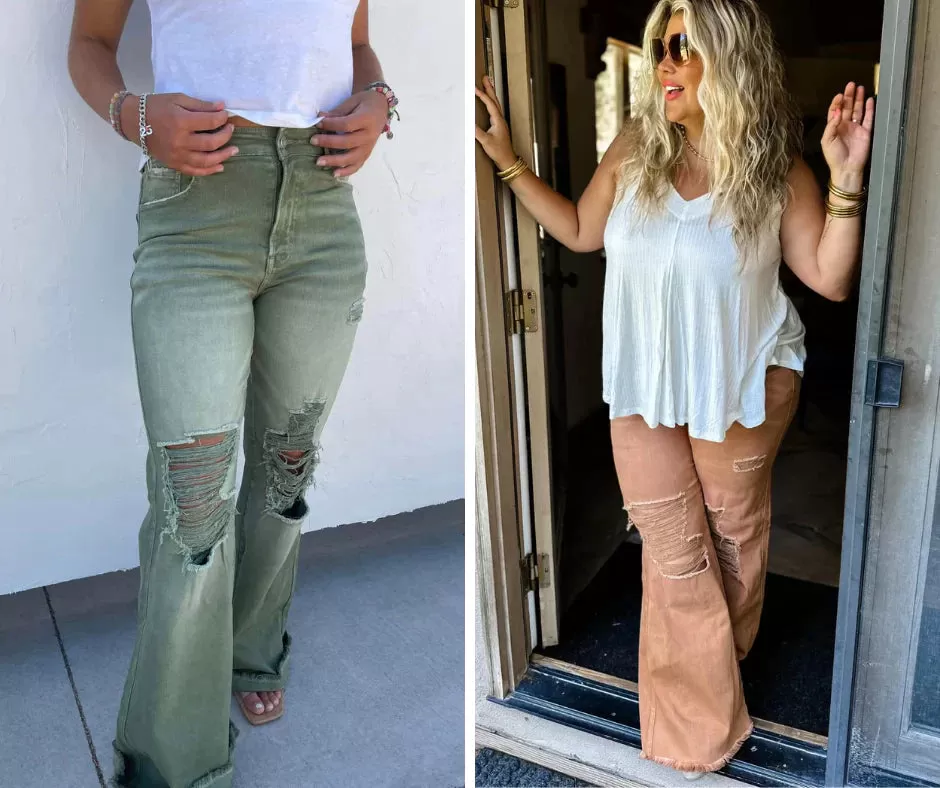 PREORDER: Blakeley Distressed Jeans In Olive and Camel