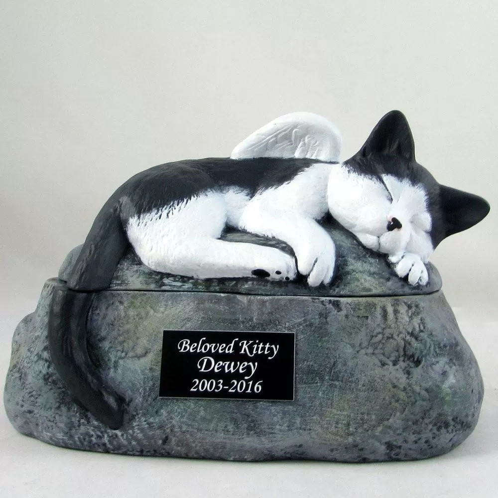 Short Haired Custom Painted Ceramic Cat Urn with Wings