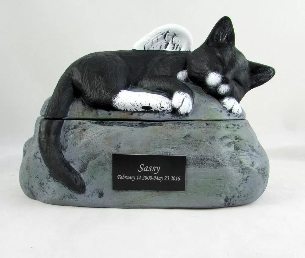 Short Haired Custom Painted Ceramic Cat Urn with Wings