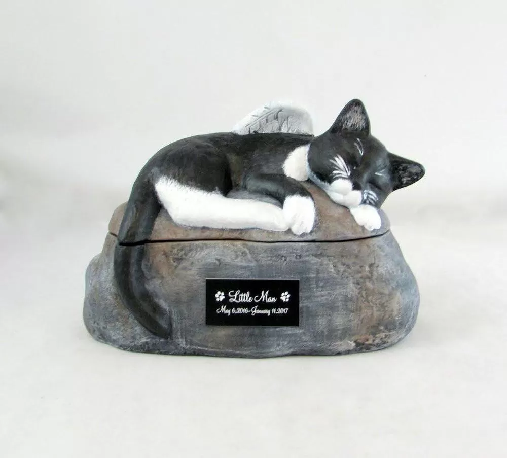 Short Haired Custom Painted Ceramic Cat Urn with Wings