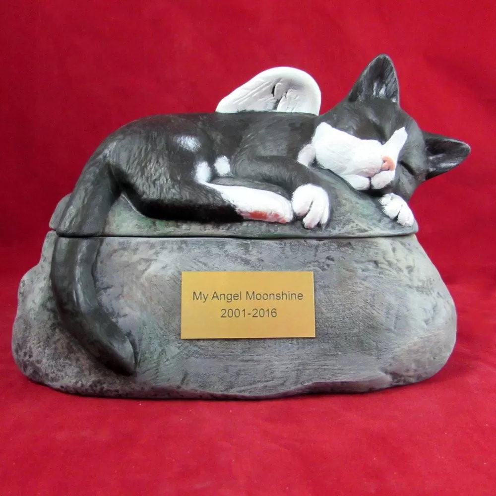 Short Haired Custom Painted Ceramic Cat Urn with Wings