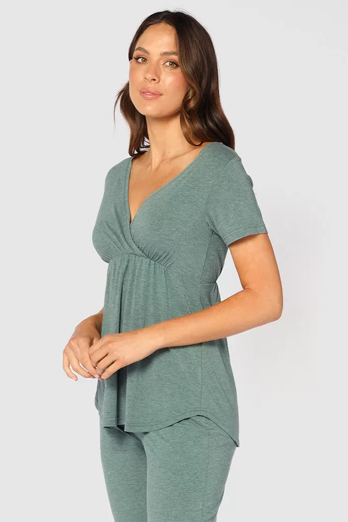 Short Sleeve Cross Front PJ Top - Moss Green