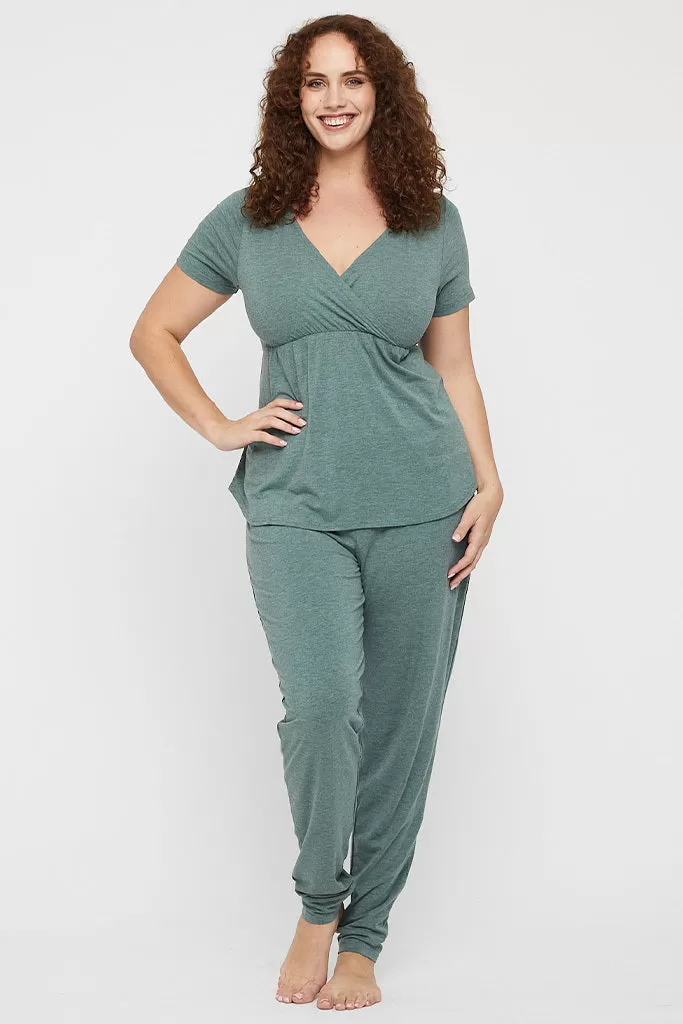 Short Sleeve Cross Front PJ Top - Moss Green