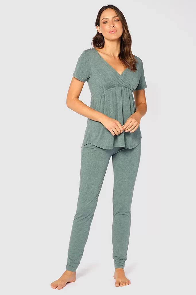 Short Sleeve Cross Front PJ Top - Moss Green