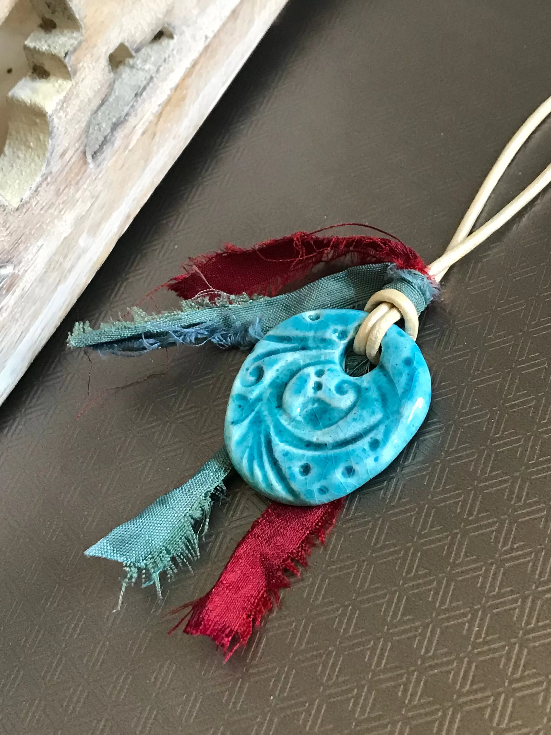 Turquoise Blue Handmade Southwest Necklace with Dark Red Sari Silk