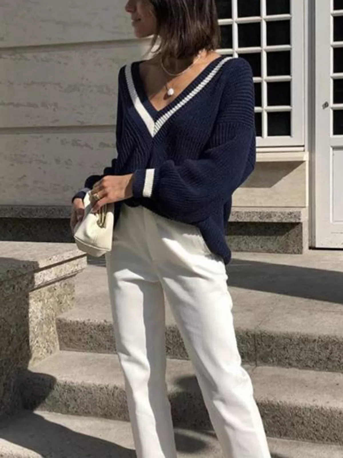 V-Neck Contrast Trim Sweater